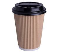 We Can Source It Ltd 300 x 12oz Ripple Brown Kraft Paper Cups - 3-PLY Disposable Insulated Coffee Cups with Secure Black SIP Through Lids - Leak-Proof Durable Paper Cup for Tea, Coffee & Hot Beverages