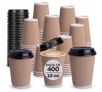 We Can Source It Ltd - 400 x 12oz Kraft Ripple Cups 3-PLY Disposable Insulated Paper Coffee Cups with Black SIP Through LIDS - Manufactured by WECANSOURCEITLTD