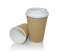 We Can Source It Ltd - 50 x 12oz KRAFT RIPPLE CUPS 3-PLY DISPOSABLE INSULATED PAPER COFFEE CUPS & WHITE SIP THROUGH LIDS