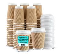We Can Source It Ltd - 50 x 12oz KRAFT RIPPLE CUPS 3-PLY DISPOSABLE INSULATED PAPER COFFEE CUPS & WHITE SIP THROUGH LIDS