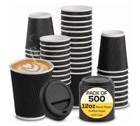 We Can Source It Ltd - 500 x 12oz Black Ripple Paper Cups with Lids - Disposable Takeaway Hot Beverage Cups for Coffee, Tea, Cappuccino - Leak Proof Insulated Serving Cups for Cafe, Restaurant & Event
