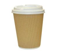 We Can Source It Ltd - 500 x 16oz Kraft Brown Ripple Paper Cups with White Lids - Triple Wall Insulation Hot Drinks Cups for Tea, Coffee and Cappuccino - Disposable Serving Cup for Cafes, Resturants