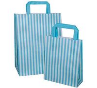 We Can Source It Ltd - Aqua Blue Candy Stripe Kraft Paper Carrier Bags with Tape Handles, 18cm x 8cm x 22cm - Recycleable SOS Block Bottom Gift Bags for Takeaways, Parties and Retail - Pack of 50
