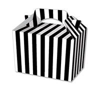 We Can Source It Ltd - Black and White Stripe Paper Meal Boxes 15cm x 10cm x 10cm with Handle - Kids Birthday Party, Picnic, BBQ, and School Meal Boxes - Easy Assembly, Food Safe - Pack of 10