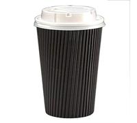 We Can Source It Ltd - Black Ripple Paper Cups 16oz with White Lids - Triple Wall Insulated Disposable Cups with Leak-Resistant Design - Ideal for Hot Drinks, Tea, and Coffee on the Go - Pack of 25