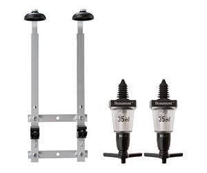We Can Source It Ltd - Durable Black 2 × 35 ml Solo Bar Optic Spirit Measures with 2-Bottle Wall Mount Bracket - Heavy-Duty, Accurate Pour, For 70 cl-1 L Bottles, Compact Bar or Home Use, Fast Setup
