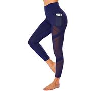 WE CUFFLLE Women's Mesh High Waist Leggings Yoga Pants with Pockets Tummy Control 4 Way Stretch Workout Yoga Leggings - blue - Large