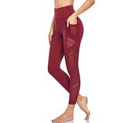 WE CUFFLLE Women's Mesh High Waist Leggings Yoga Pants with Pockets Tummy Control 4 Way Stretch Workout Yoga Leggings, Fwine Red, S