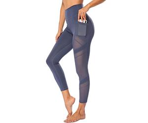 WE CUFFLLE Women's Mesh High Waist Leggings Yoga Pants with Pockets Tummy Control 4 Way Stretch Workout Yoga Leggings - blue - S