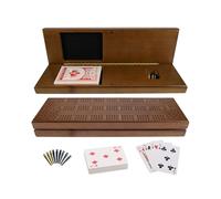 WE Games Cribbage Board With Pegs - Travel Board with 9 Metal Pegs & Playing Cards for Fun Family Game Night, Walnut Stained
