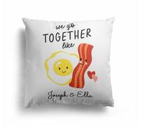 We Go Together Like Eggs and Bacon Cushion - Funny Cheeky Personalized Pillow - Custom Two Names and Background Colour - Rude Adult Humour Home Decor - Novelty Gift for Couples