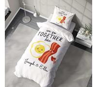 We Go Together Like Eggs and Bacon Duvet Cover - Funny Cheeky Personalized Bedding - Custom Two Names and Background Colour - Rude Adult Humour Bedroom Decor - Novelty Gift for Couples
