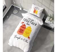 We Go Together Like Ketchup and Mustard Duvet Cover - Funny Cheeky Personalized Bedding - Custom Two Names and Background Colour - Rude Adult Humour Bedroom Decor - Novelty Gift for Couples