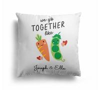 We Go Together Like Peas and Carrots Cushion - Funny Cheeky Personalized Pillow - Custom Two Names and Background Colour - Rude Adult Humour Home Decor - Novelty Gift for Couples