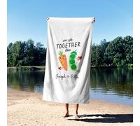 We Go Together Like Peas and Carrots Towel - Funny Cheeky Personalized Bath or Beach Towel - Custom Two Names and Background Colour - Rude Adult Humour Gift - Novelty Gym Pool Towel for Couples