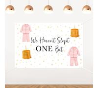 We Haven't Slept ONE Bit Birthday Backdrop,Pink Pajamas & Pancakes 1st Decorations,Pink Star PJ Party Vinyl Background,Sleepover Decorations for Girls 1st Birthday Party Supplies