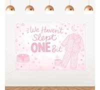 We Haven't Slept ONE Bit Decorations,Pink Pajamas & Pancakes 1st Birthday Backdrop, Pink Striped PJ Party Vinyl Background,Sleepover Decorations for Girls 1st Birthday Party Supplies