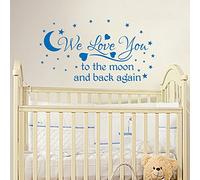 WE Love You to The Moon and Back Again, Quote Wall Art Sticker Decal, for Baby Boys or Girls Nursery, Medium Blue, 75x41 cm