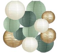 We Moment Zone 12pcs Paper Lanterns Decorative，Sage Green and Gold Ivory Round Paper Lanterns for Rustic Wedding Bridal Shower Birthday Party Decor