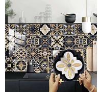 We Morocco Black Gold Tile Stickers, 10 Pcs/20x20cm, Waterproof, Oil-Proof, Heat Resistant, DIY Wall Tiles, Kitchen, Bathroom, Home Decor, Square, Indoor, Vinyl, Decorative, Moroccan, Peel & Stick