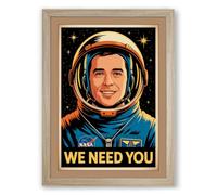 We Need You Astronaut Retro Framed Wall Art Print A1 (84.1×59.4cm) Oak, Wall Decor for Living Room, Bedroom, Office & Home, Ready to Hang, Art Gift