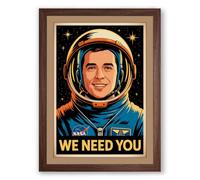 We Need You Astronaut Retro Framed Wall Art Print A1 (84.1×59.4cm) Walnut, Wall Decor for Living Room, Bedroom, Office & Home, Ready to Hang, Art Gift