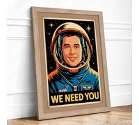 We Need You Astronaut Retro Framed Wall Art Print A1 Oak
