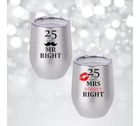 We Personalize 25th Anniversasy Gift Set of 2 stemless Silver Glitter Wine Tumbler for Mr Right and Mrs Always Right