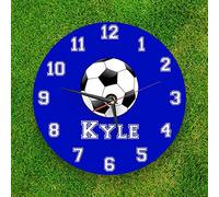 We Personalize Personalised glass wall clock Football clock Team colour Dark Blue and White with your own name