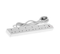 WE Retail Six Socket Extension Lead, 2 Metre Cable, 6-Way Plug Extension Cable, Power Strip, White, Power On Neon, 13A, 3120W, 6 socket, 2m, EL6G2M