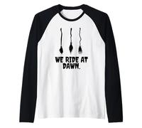 We Ride at Dawn Funny Witches Broom Halloween Costume Humor Raglan Baseball Tee