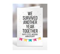 We survived another year together card, Happy Steel Wedding Anniversary, Husband, Boyfriend, Wife, Girlfriend, Funny, Joke Gifts, Presents for Men, Women, A5-184_133