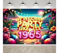 We want to have a like 1965 photography background featuring tropical palm leaves and designsL party banner
