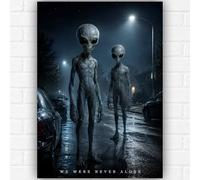 We Were Never Alone Alien Poster A3 - Grey UFO Wall Art Print - Realistic Extraterrestrial Sci-Fi Poster - Modern Alien Encounter Artwork - Space Room Decor