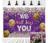 We Will Miss You Backdrop Going Away Party Decorations Purple and Gold Glitter Balloons Sliver Diamonds Photography Background Colleague Farewell Anniversary Retirement Graduation Banner (8x6ft)