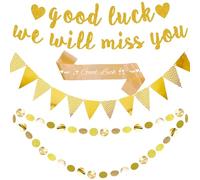 We Will Miss You Banner - Gold Retirement Decorations Set With Glitter Triangle Bunting, Good Luck Graduation Garland Banners for Leaving Farewell Party Supplies