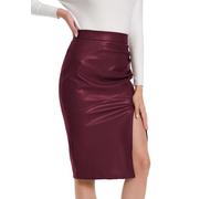 We1Fit Women's Fuax Leather Skirt High Waisted Ruched Front Slit Bodycon Slim Pencil Midi Skirts, Wine Red, M