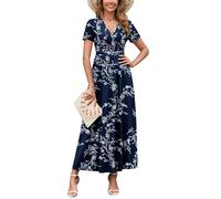 WEACZZY 2025 Summer Long Dresses for Women Wrap Empire Pleated Waist V Neck Short Sleeve Elegant Maxi Dress with Pockets, White Navy, XXL
