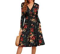 WEACZZY Women's 2024 Spring Long Sleeve Casual Dresses V-Neck Semi Formal Party Dress with Pockets, Brown Flower, L