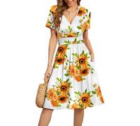 WEACZZY Women's Summer Short Sleeve Casual Dresses Clothes, V-Neck Floral Party Dress with Pockets, Sunflower White, Large