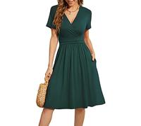 WEACZZY Women's Summer Short Sleeve Casual Dresses V-Neck Floral Party Dress with Pockets, A Dark Green, M