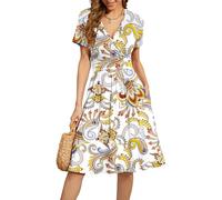 WEACZZY Women's Summer Short Sleeve Casual Dresses V-Neck Floral Party Dress with Pockets, Feather White, 3XL
