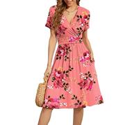 WEACZZY Women's Summer Short Sleeve Casual Dresses V-Neck Floral Party Dress with Pockets, Floral Pink, M