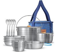 WEALERS Camping Cookware & Dinnerware Set- 17 Pieces Stainless Steel Pots and Pans Set with Plates, Bowls & Sporks in Travel Mesh Bag for Camping, Trekking, Backyard Picnic & Backpacking Gear