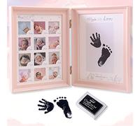 weallbuy Baby Picture Frame First Year, Baby Handprint and Footprint Kit with Ink Pad, 12 Month Milestones Baby Gift, Anniversary Growth Record Keepsake for Mom/Newborn (Pink Foldable)