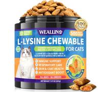WEALLIN L-Lysine Chews for Cats 500 Chews, Respiratory & Overall Health Support Crunchy Shell with Krill Core, with Colostrum & Omega-3s for Nasal Comfort, Chicken Flavor, for All Ages & Breeds Cats