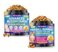 WEALLIN Taurine for Cats Vitamins Treats & Cat Hairball Support Bundle, 2 x 500 Crunchy & Krill Chews for Heart Vision Immune Digestion Skin Coat & Hairball Care