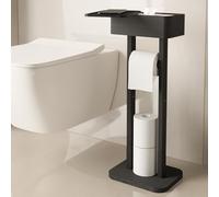 Wealone 4-in-1 Black Toilet Paper Holder Stand with Storage Shelf Box, 360° Rotating Bamboo Free Standing Toilet Tissue Roll, Toilet Wipes Dispenser Organizer, Temporary Desktop for Bathroom (Patent)