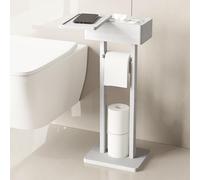 Wealone 4-in-1 White Toilet Paper Holder Stand with Storage Shelf Box, Bamboo Free Standing Toilet Tissue Roll, Toilet Wipes Dispenser Organizer, Temporary Desktop for Bathroom (Patent Protection)