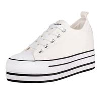 wealsex Women's Canvas Sneakers - Comfortable Platform Lace-Up Trainers with Hidden Wedge,Low Top Casual Shoes for Ladies (White,Label 37= UK 4)